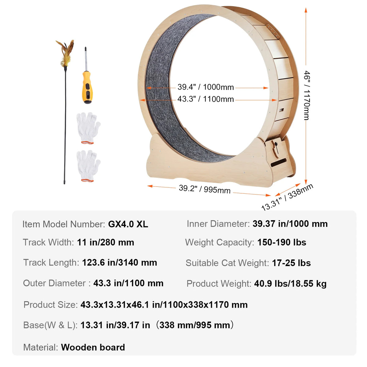 Wooden Cat Exercise Wheel With Detachable Carpet