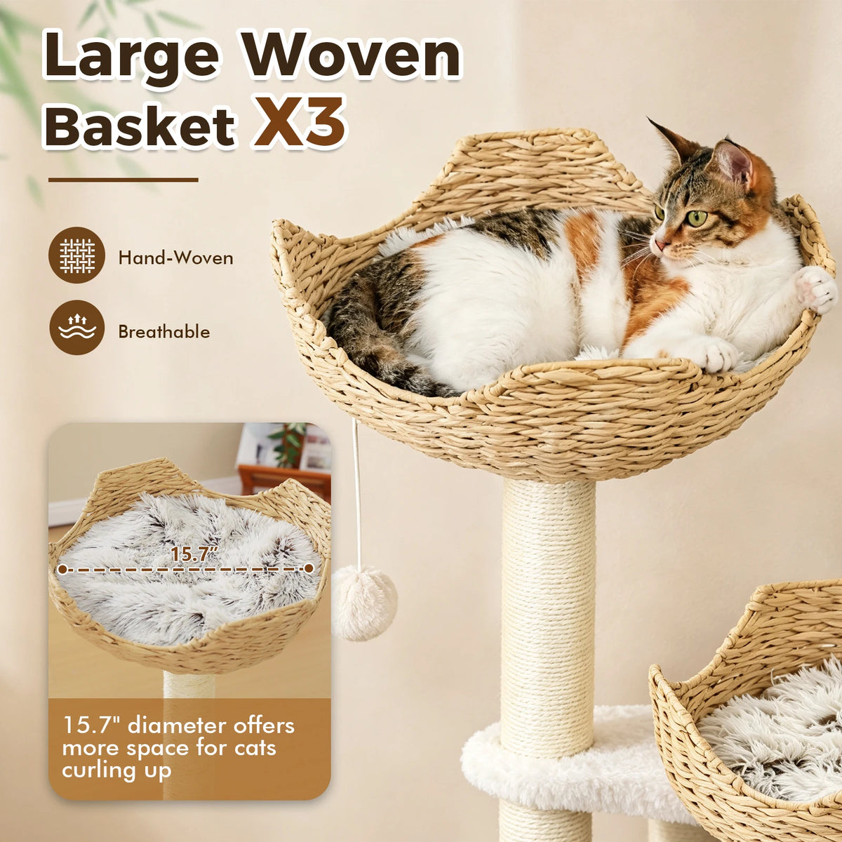 Modern Cat Tree with 3 Rattan Baskets Thick Cushions Sisal Scratching Posts Multi‑Level Cat Tower for Indoor Cats Large Cat Condo Pet Furniture Bed Cat Toys
