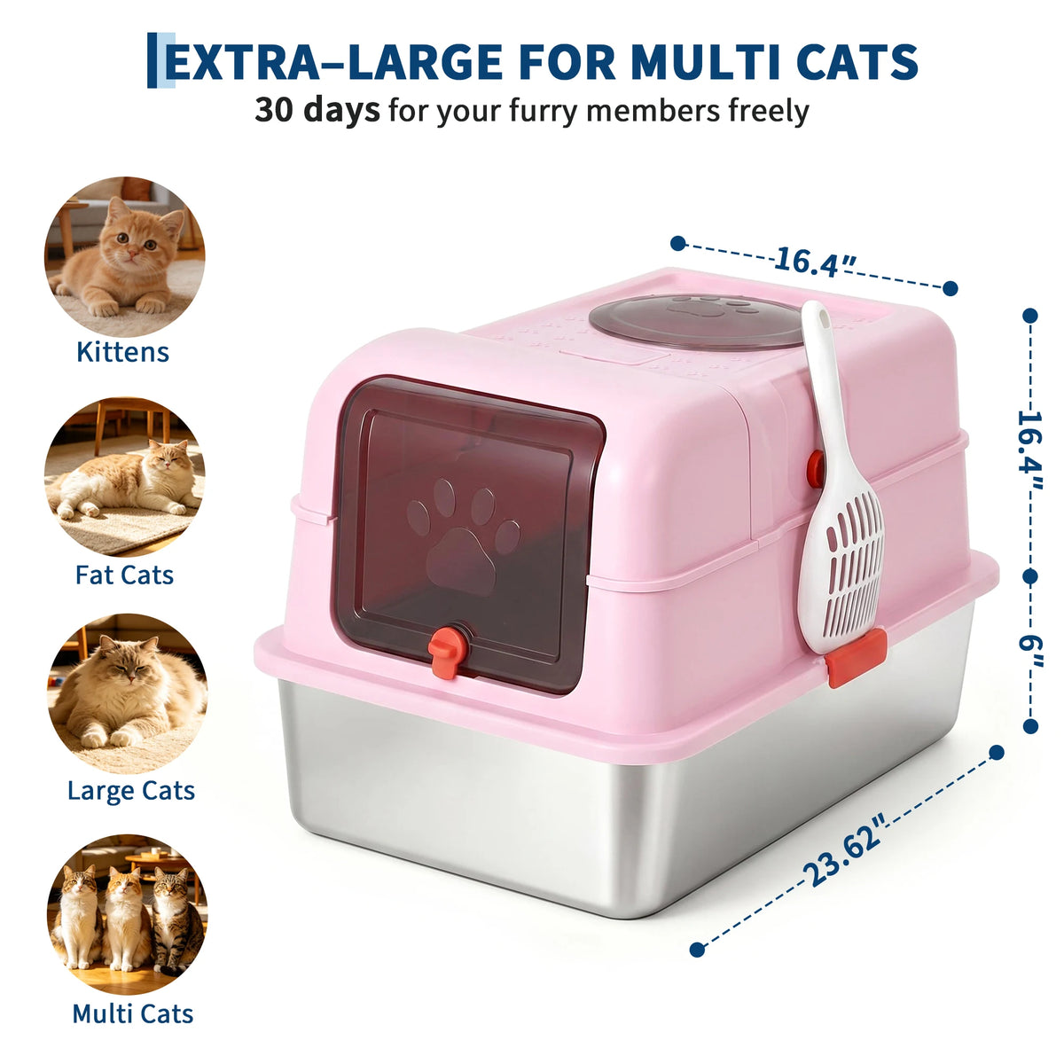 HiMISS Stainless Steel Enclosed Cat Litter Box With Lid Scoop