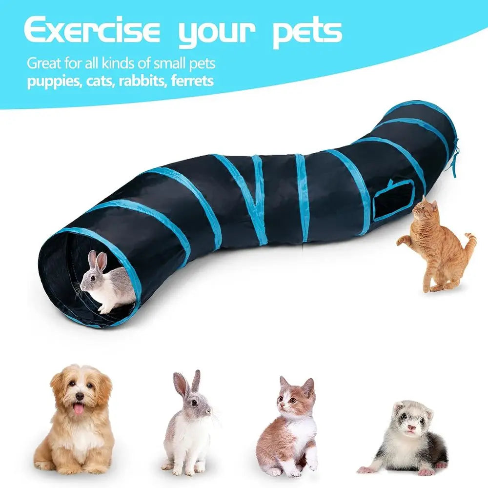 Collapsible Cat Play Tunnel, Interactive Toy Maze Cat House with 1 Play Ball for Cats, Puppies, Kittens, Rabbits (Blue & Black)