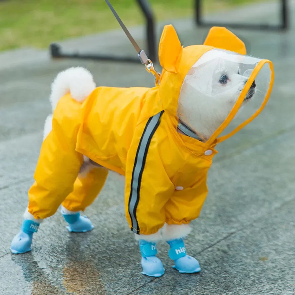 Cute Bear Shape Dog Raincoat With Hat Reflective Waterproof