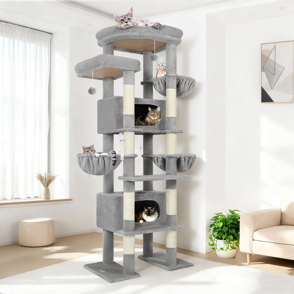 Globlazer 84" Floor to Ceiling Cat Tree Tower for Multiple Large Cats Adjustable Multi-Level Climbing Activity Center with Sisal Scratching Posts 2 Condos 3 Hammocks