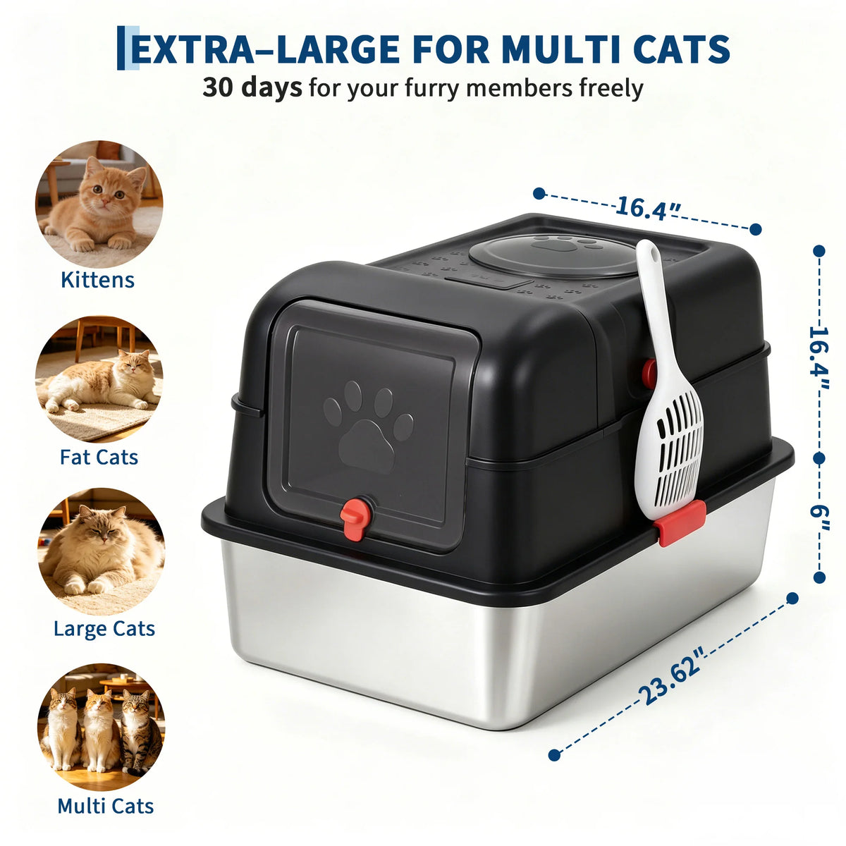 HiMISS Stainless Steel Enclosed Cat Litter Box With Lid Scoop