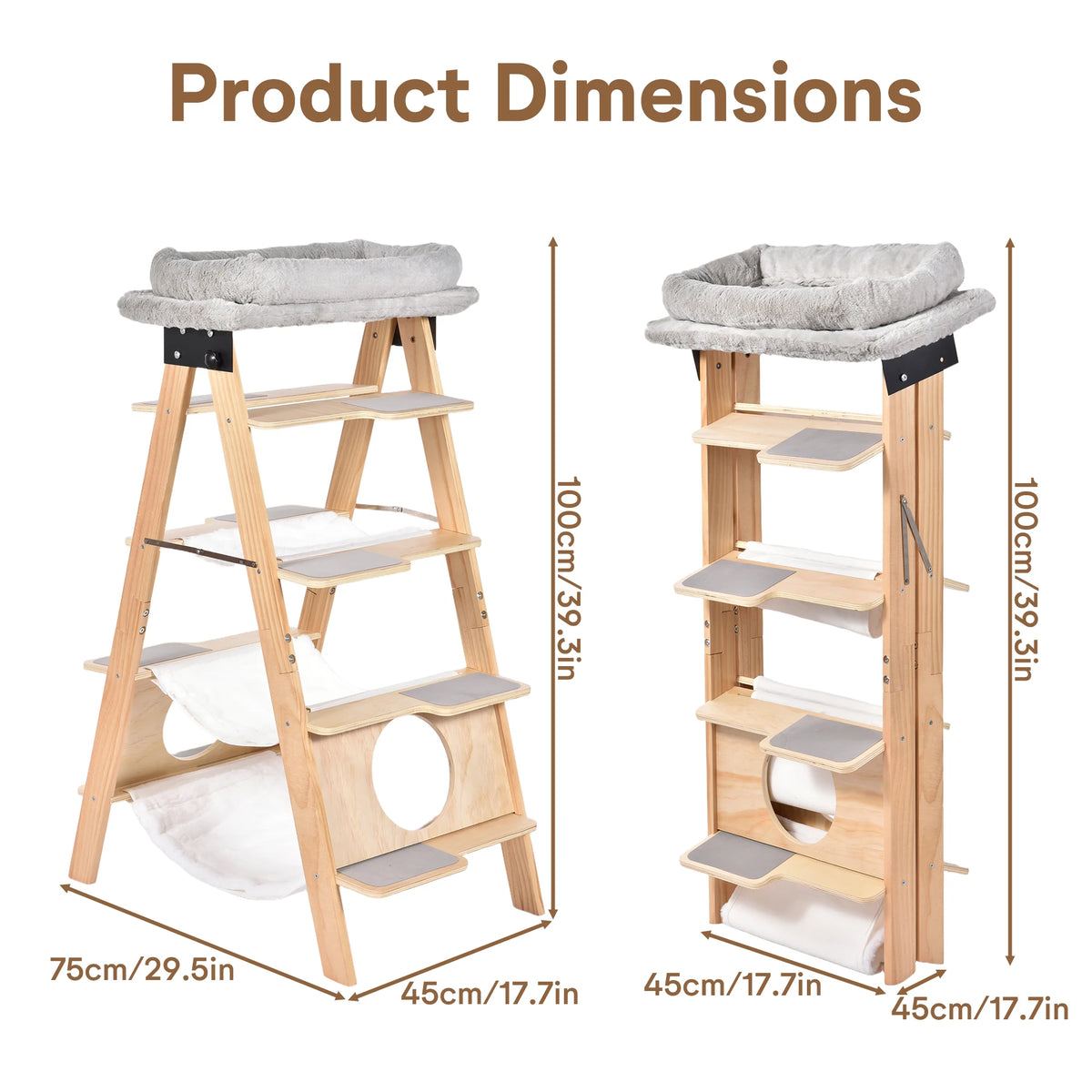 5-Tier A-Frame Wooden Cat Tree Tower with Washable Cushions and Foldable Frame, Multi-Level Cat Condo with Hammock for Large Cats Home Living Room