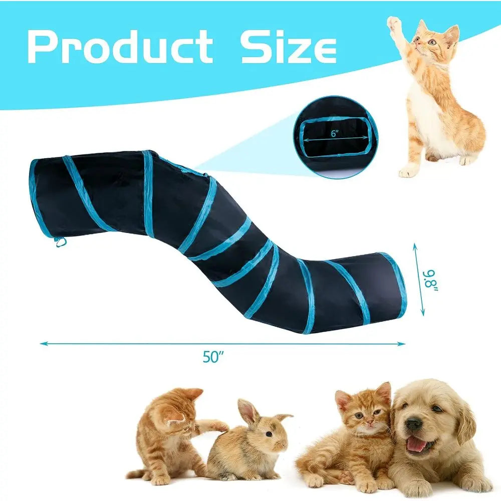 Collapsible Cat Play Tunnel, Interactive Toy Maze Cat House with 1 Play Ball for Cats, Puppies, Kittens, Rabbits (Blue & Black)