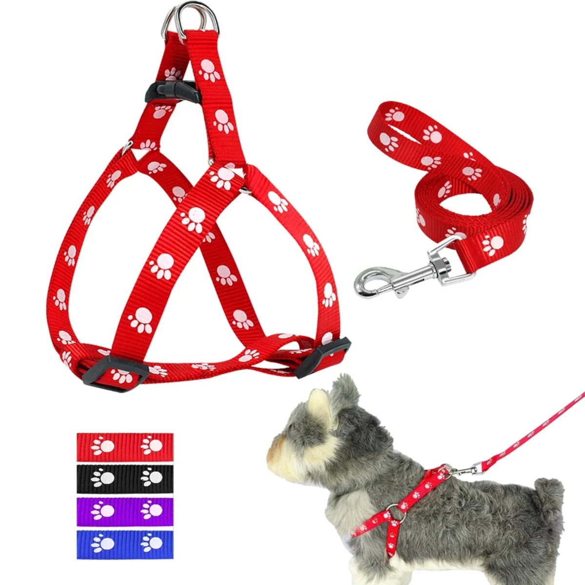 Nylon Paw Print Dog Harness And Leash Set Adjustable
