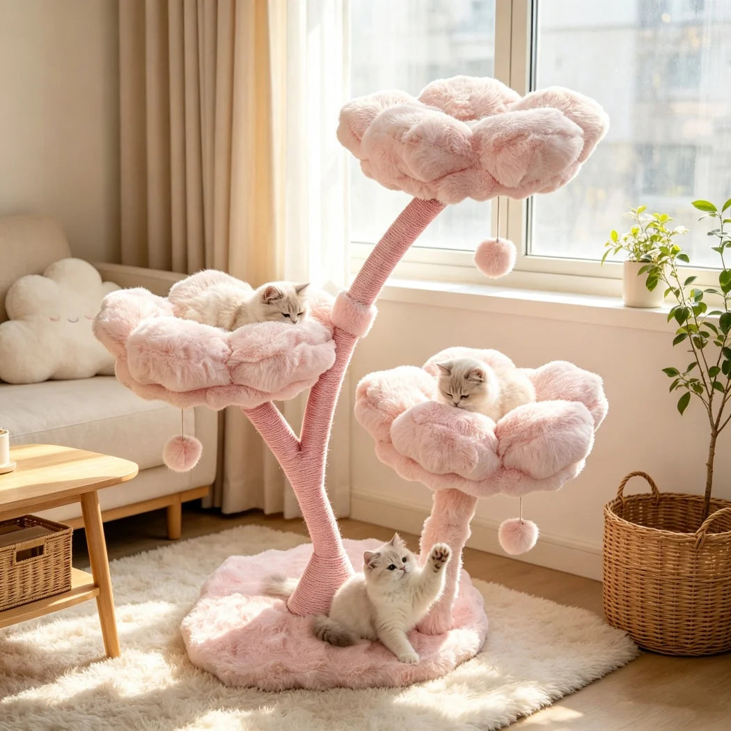 Borwart 4 Tier Pink Flower Cat Tree Tower With Toy