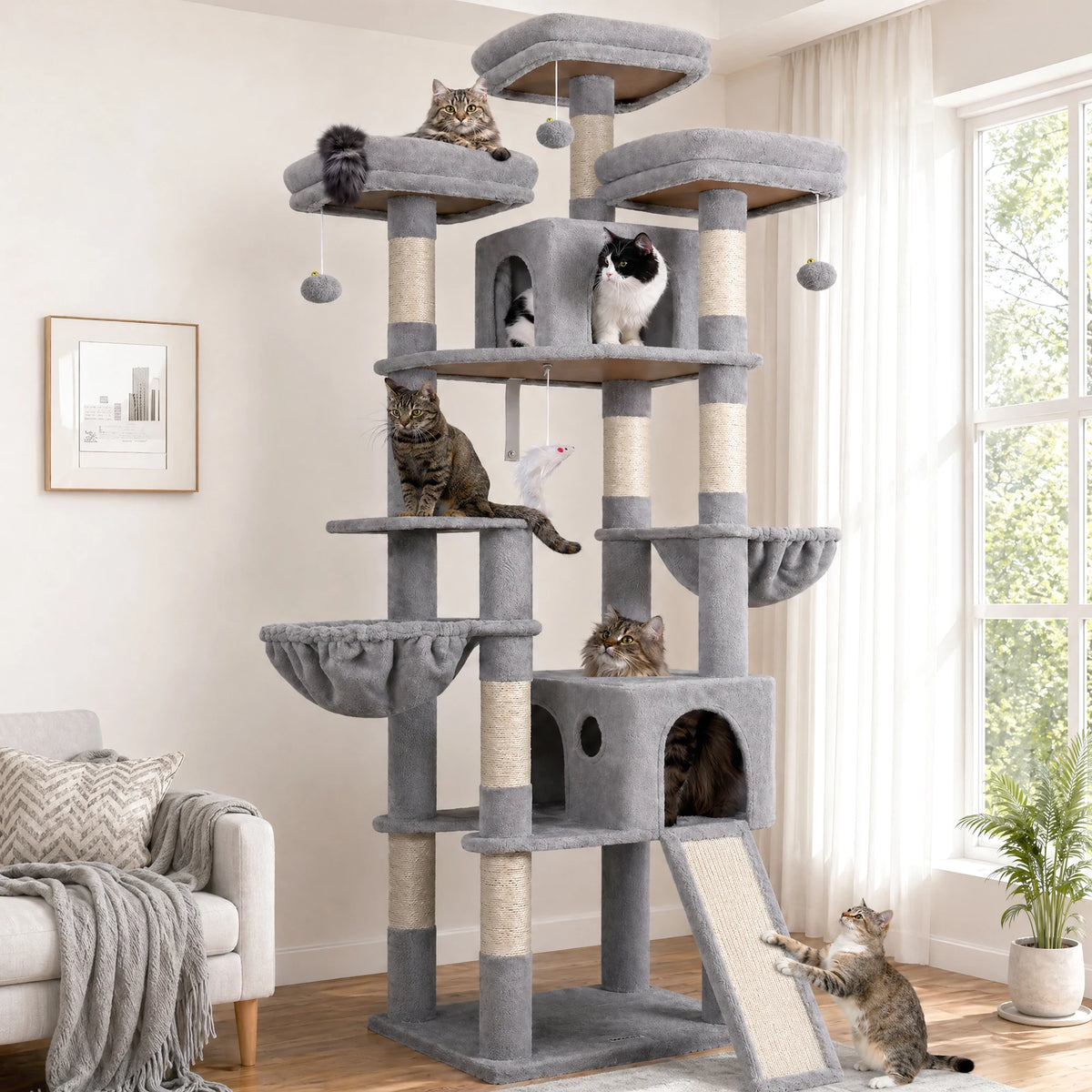 Globlazer 83" Big Cat Tree Tower for 4+ Multiple Large Cats Multi-Level Cat Climbing Activity Center with Sisal Scratching Posts 2 Condos 2 Hammocks 3 Perches Hanging Toys