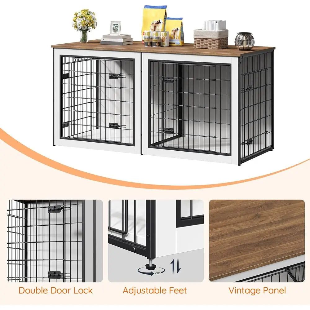 Wooden Double Dog Crate With Divider Indoor Kennel Furniture