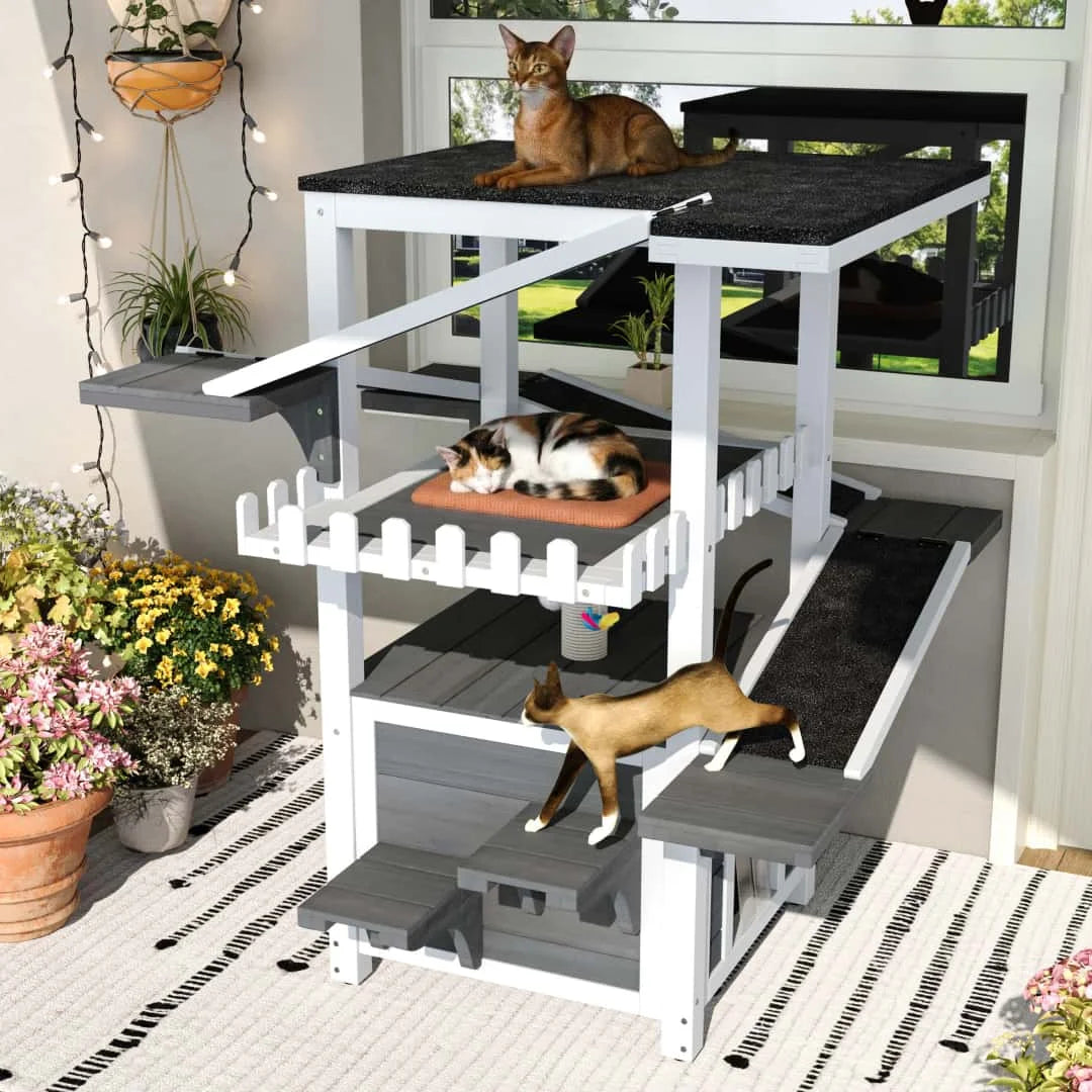 4 Tier Outdoor Cat House, Weatherproof Cat Tree Tower with Waterproof Roof, Feral Cat Shelter Outside Enclosure, Multi Level Cat Condo with Ramps, for Small Animals
