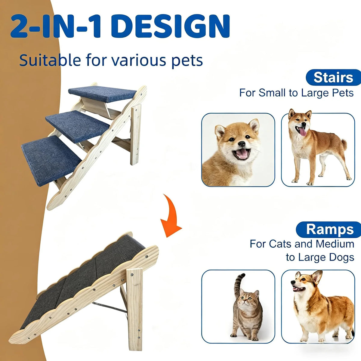 DishyKooker 2in1 Wooden Pet Stairs Folding Ramp