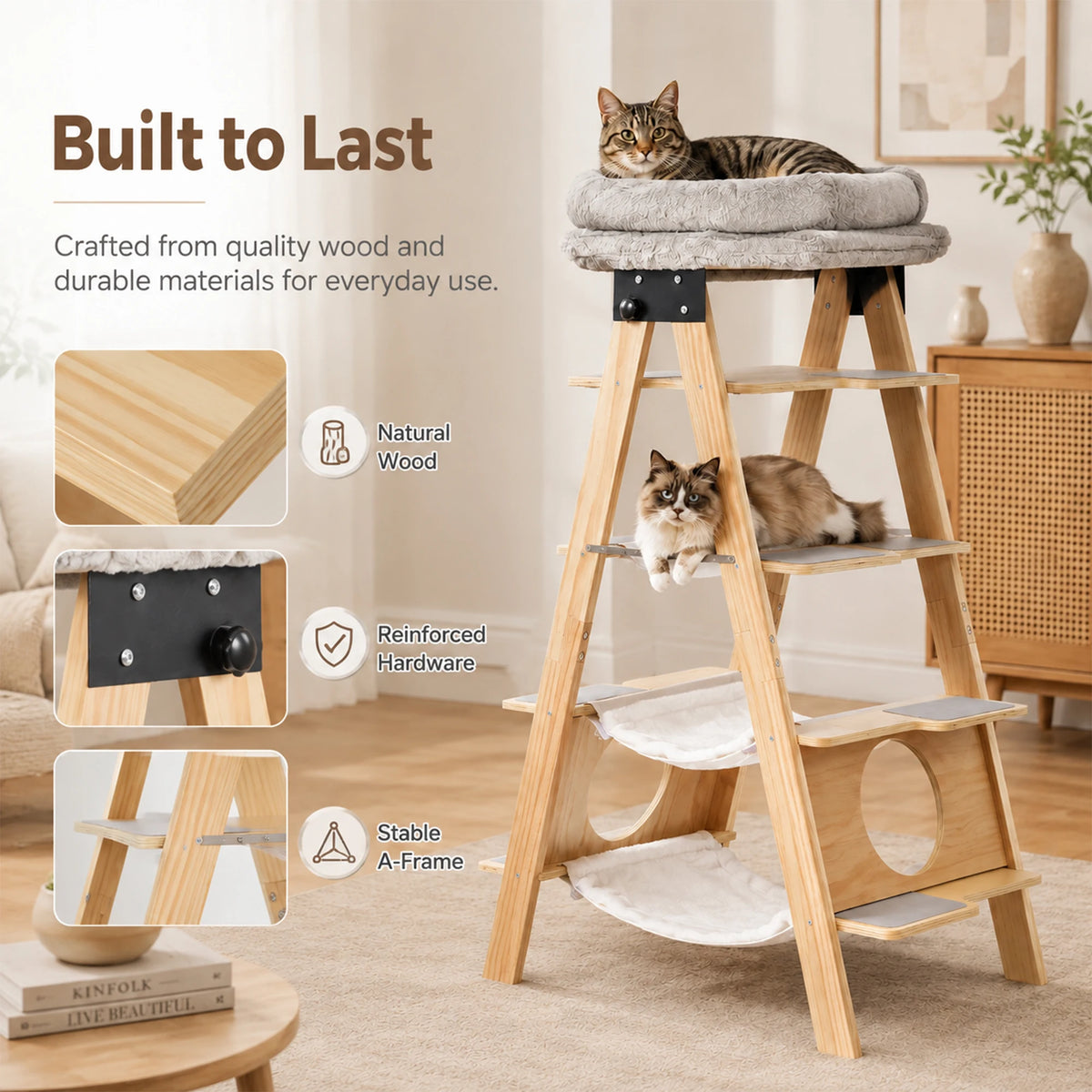 5-Tier A-Frame Wooden Cat Tree Tower with Washable Cushions and Foldable Frame, Multi-Level Cat Condo with Hammock for Large Cats Home Living Room
