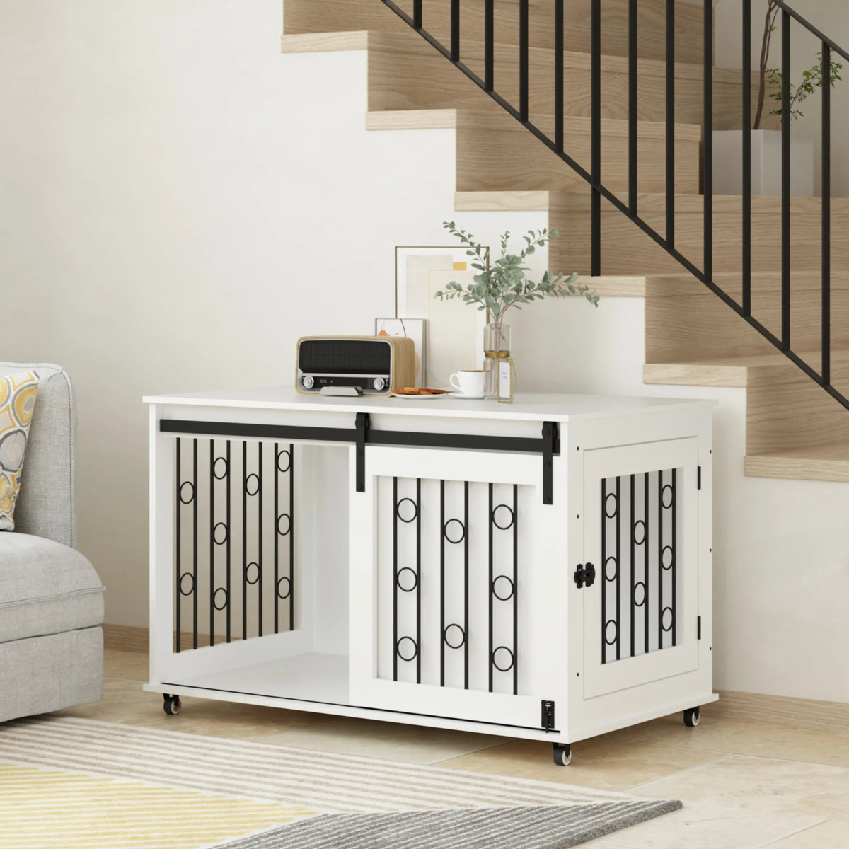 Modern Wooden Dog Crate Furniture End Table With Sliding Door