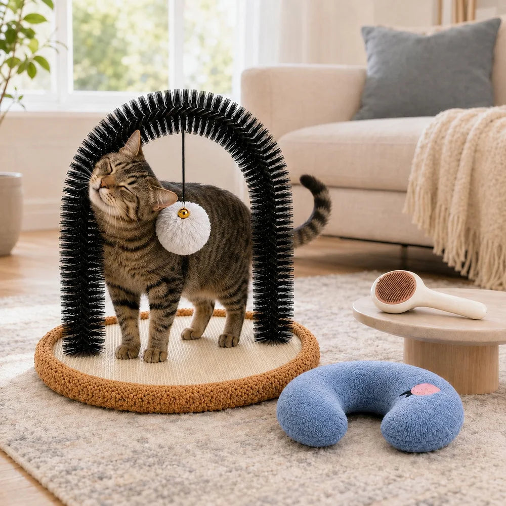 Cat Self Groomer Arch With Sisal Scratcher Hanging Ball