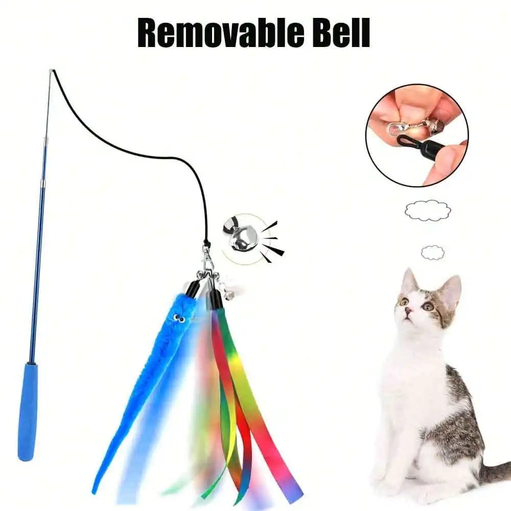 Interactive Cat Teaser Wand With Fuzzy Worm And Ribbon Refills