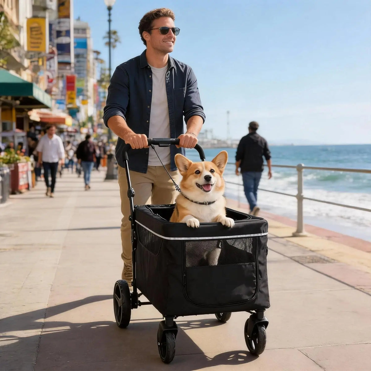 Pet Stroller Wagon for Dogs, 4-Wheel Foldable Pet Travel Carrier with Adjustable Handle, Breathable Mesh Windows, Safety Tether, Storage Pocket, Portable Dog Cart for Small Medium Dogs and Cats