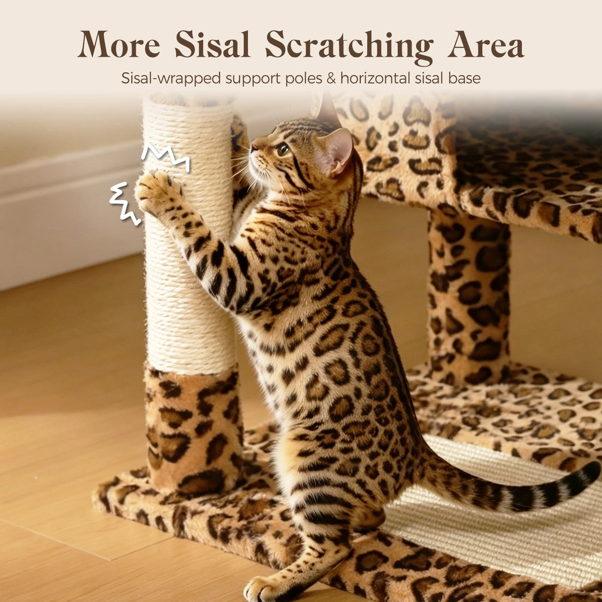 Multi-Level Leopard Cat Tree for Indoor Cats Large Cat Tower with Sisal Scratching Posts Cozy Cat Condo Spacious Hammock Soft Top Perch Cat Toys
