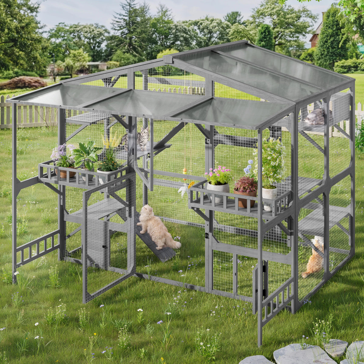 Extra Large Outdoor Cat Enclosure Wooden Catio with 6 Platforms & Suspension Bridge, Multi-Cat Playhouse for 6-10 Cats with Storage Shelves