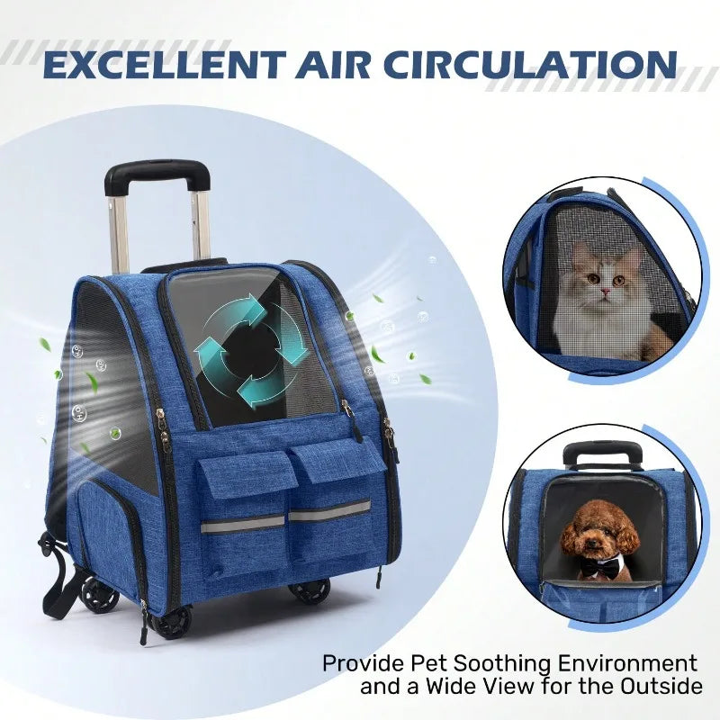 2-In-1 Trolley Pet Cat Bag | Cat Carrier With Wheels, Airline Approved Pet Carrier With Telescopic Handle, Polyester Rolling Dog Cat Carrier With Zipper Closure, Detachable Soft-Sided Travel Carrier With Shoulder Strap And Sa