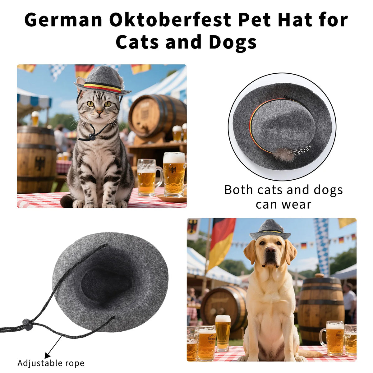 German Pet Hat, Adjustable Oktoberfest Pet Costume Hat with Feather & Ribbon, Mini Bavarian Style Pet Accessory for Dogs and Cats, Halloween Party Photo Prop