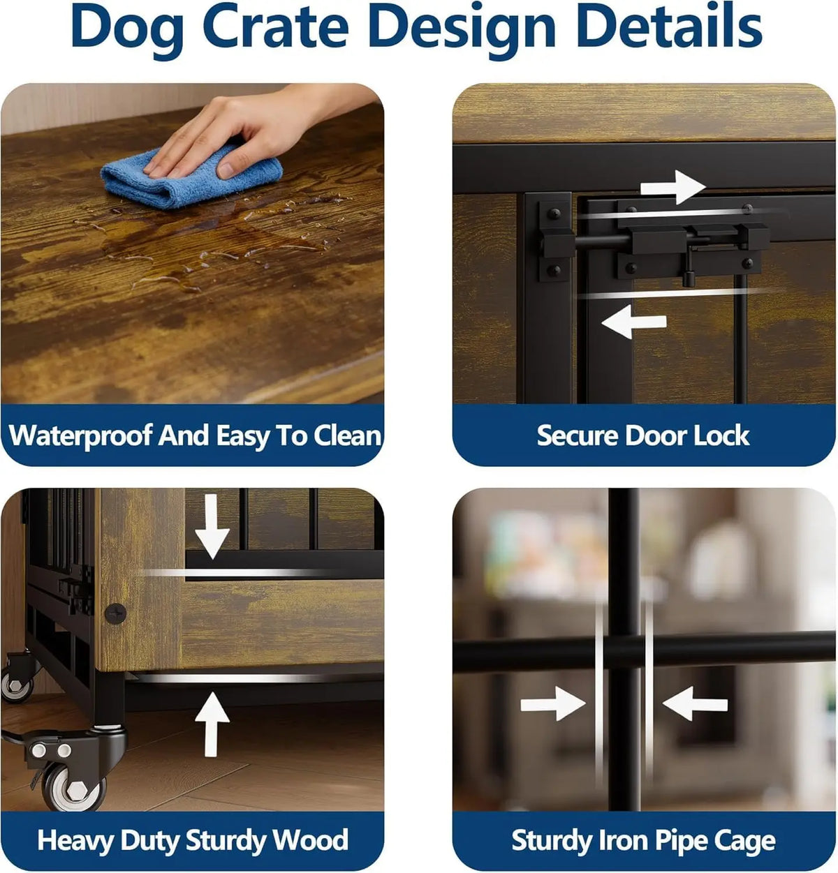 38 Inch Dog Crate Furniture Wooden Dog Kennel End Table with 3 Doors Locking Wheels Removable Tray Divider Indoor Pet Cage Side Table for Small Medium Dogs Retro Brown