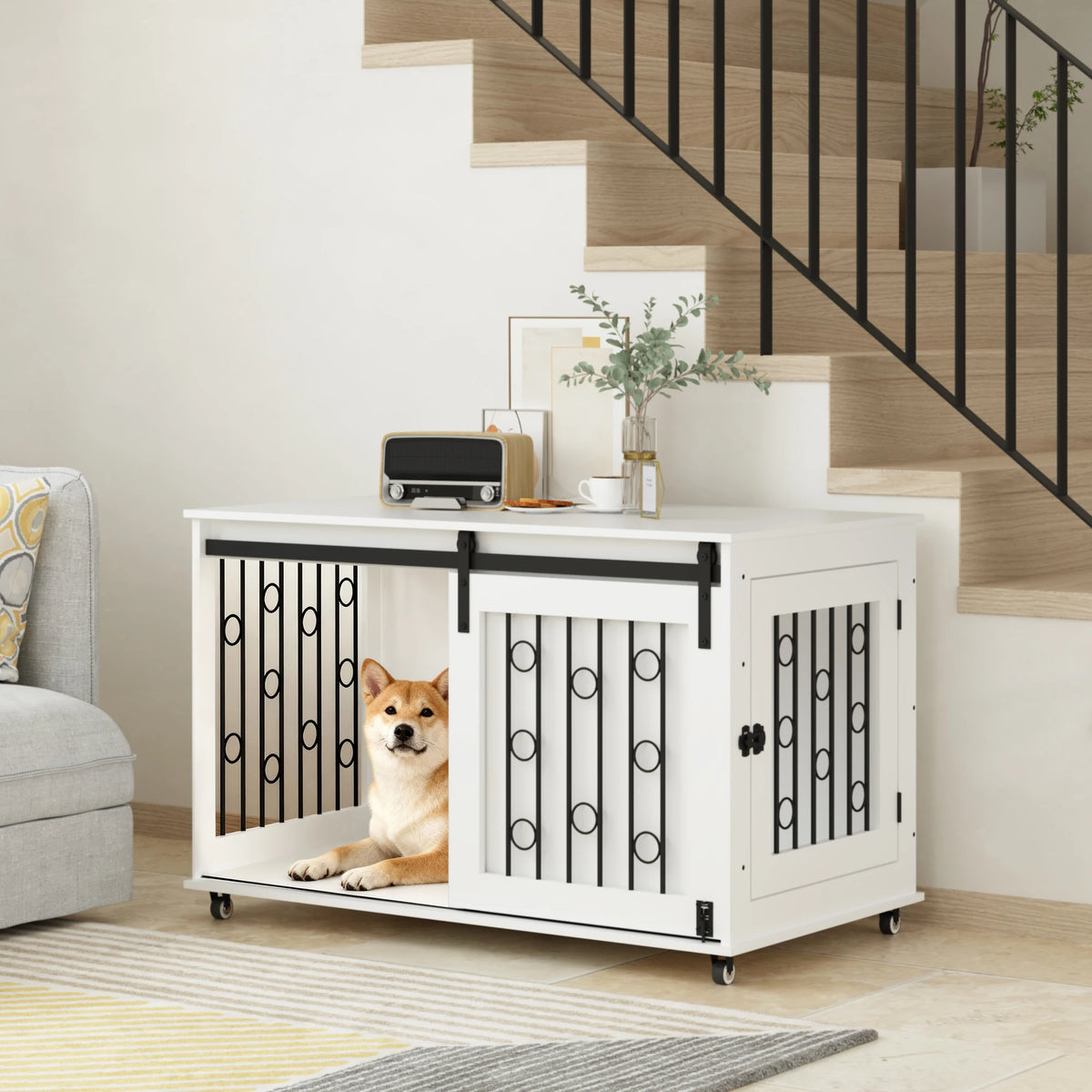 Modern Wooden Dog Crate Furniture End Table With Sliding Door