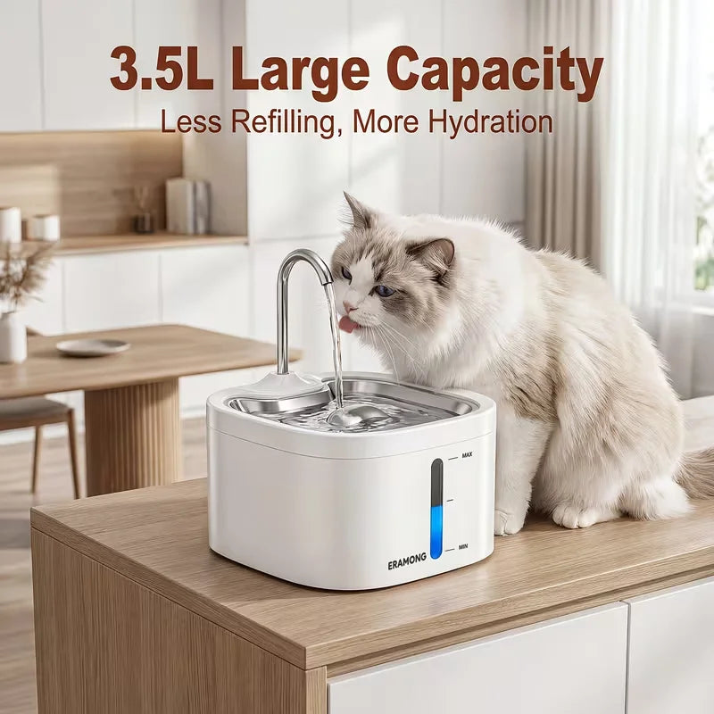 Cat Water Fountain With Stainless Steel Tray And Dispenser