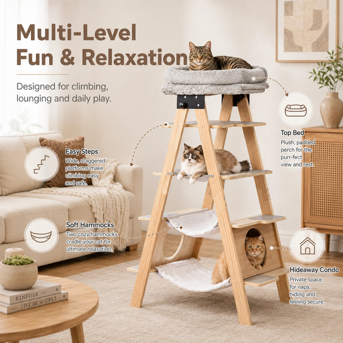 5-Tier A-Frame Wooden Cat Tree Tower with Washable Cushions and Foldable Frame, Multi-Level Cat Condo with Hammock for Large Cats Home Living Room
