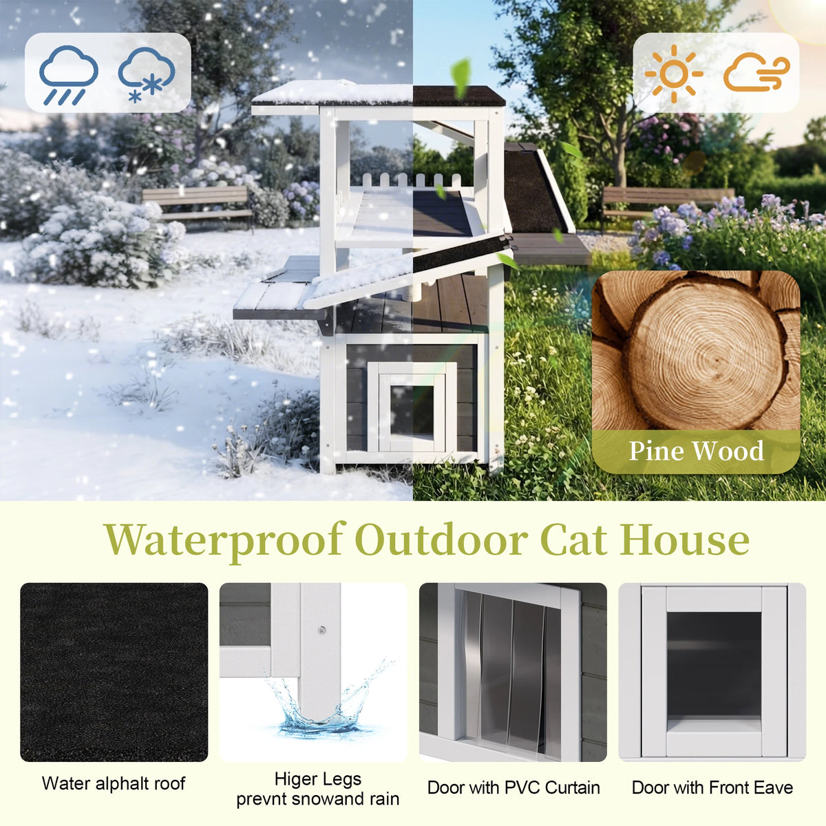 4 Tier Outdoor Cat House, Weatherproof Cat Tree Tower with Waterproof Roof, Feral Cat Shelter Outside Enclosure, Multi Level Cat Condo with Ramps, for Small Animals