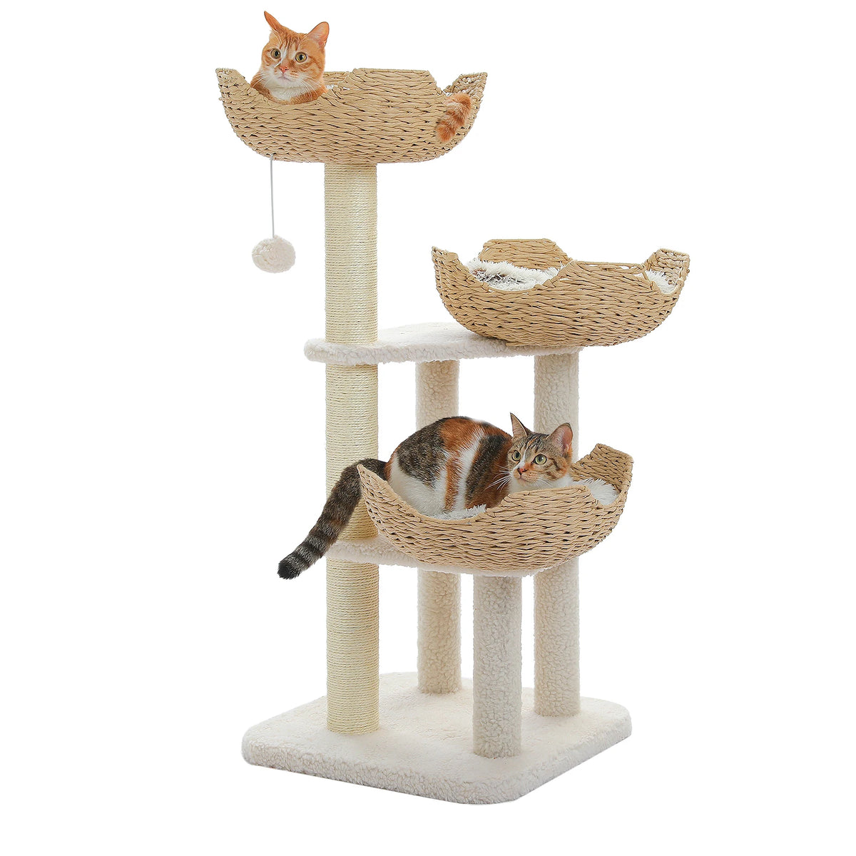 Modern Cat Tree with 3 Rattan Baskets Thick Cushions Sisal Scratching Posts Multi‑Level Cat Tower for Indoor Cats Large Cat Condo Pet Furniture Bed Cat Toys