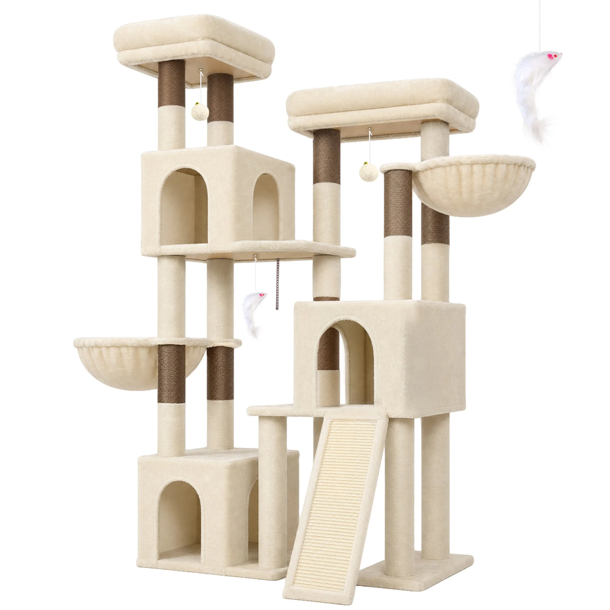 Globlazer 65 Inch Cat Scratcher Tree for Medium Large Cats Multi Level Cat Houses Condos with 3 Condos Cat Climbing Tower with 8 Sisal Posts 2 Hammocks Perches for 2-3 Cats