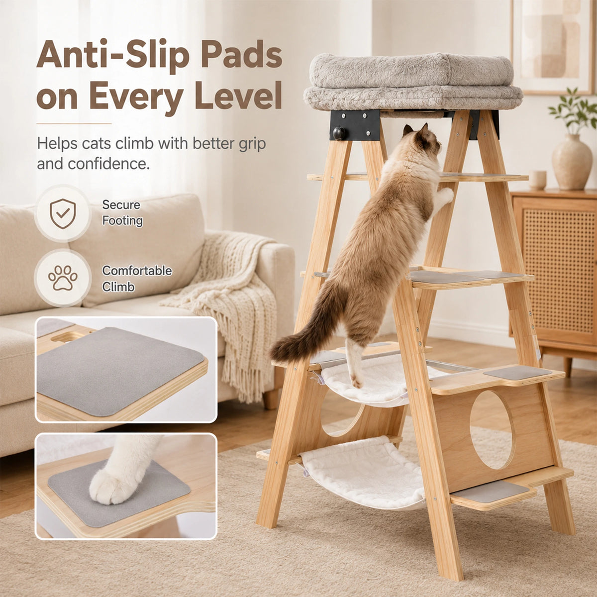 5-Tier A-Frame Wooden Cat Tree Tower with Washable Cushions and Foldable Frame, Multi-Level Cat Condo with Hammock for Large Cats Home Living Room