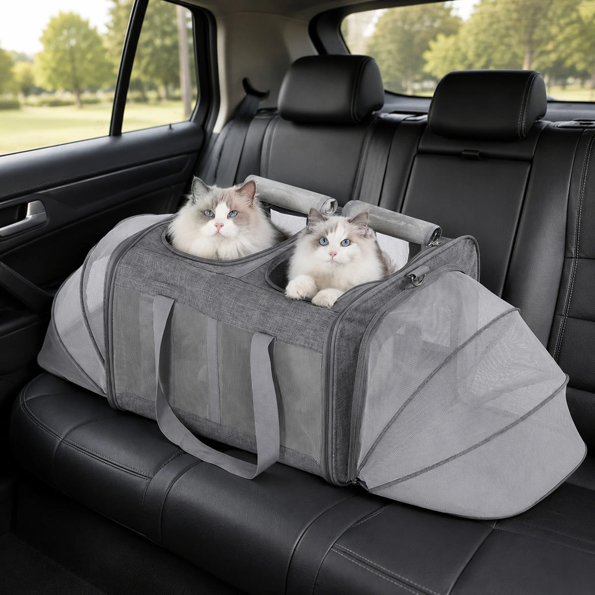 Expandable Pet Carrier, 3-Section Soft-Sided Cat Travel Carrier with Dual Expandable Ends, Breathable Mesh Windows, Removable Divider, Safety Leash & Washable Mat for Cats, Small Dogs, Puppies & Kittens