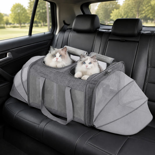 Expandable Pet Carrier, 3-Section Soft-Sided Cat Travel Carrier with Dual Expandable Ends, Breathable Mesh Windows, Removable Divider, Safety Leash & Washable Mat for Cats, Small Dogs, Puppies & Kittens