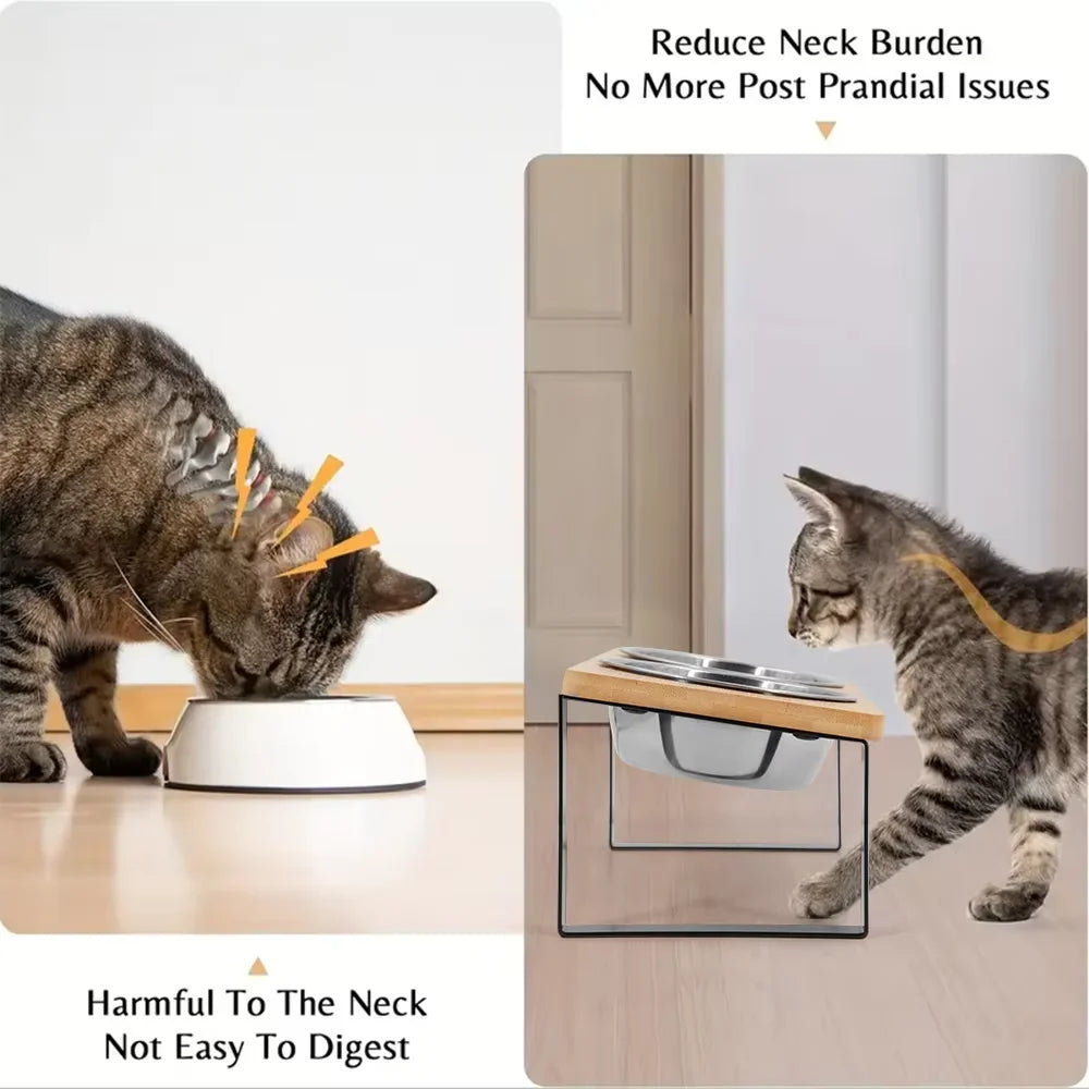 Elevated Cat Bowls With Wooden Stand For Anti Vomiting