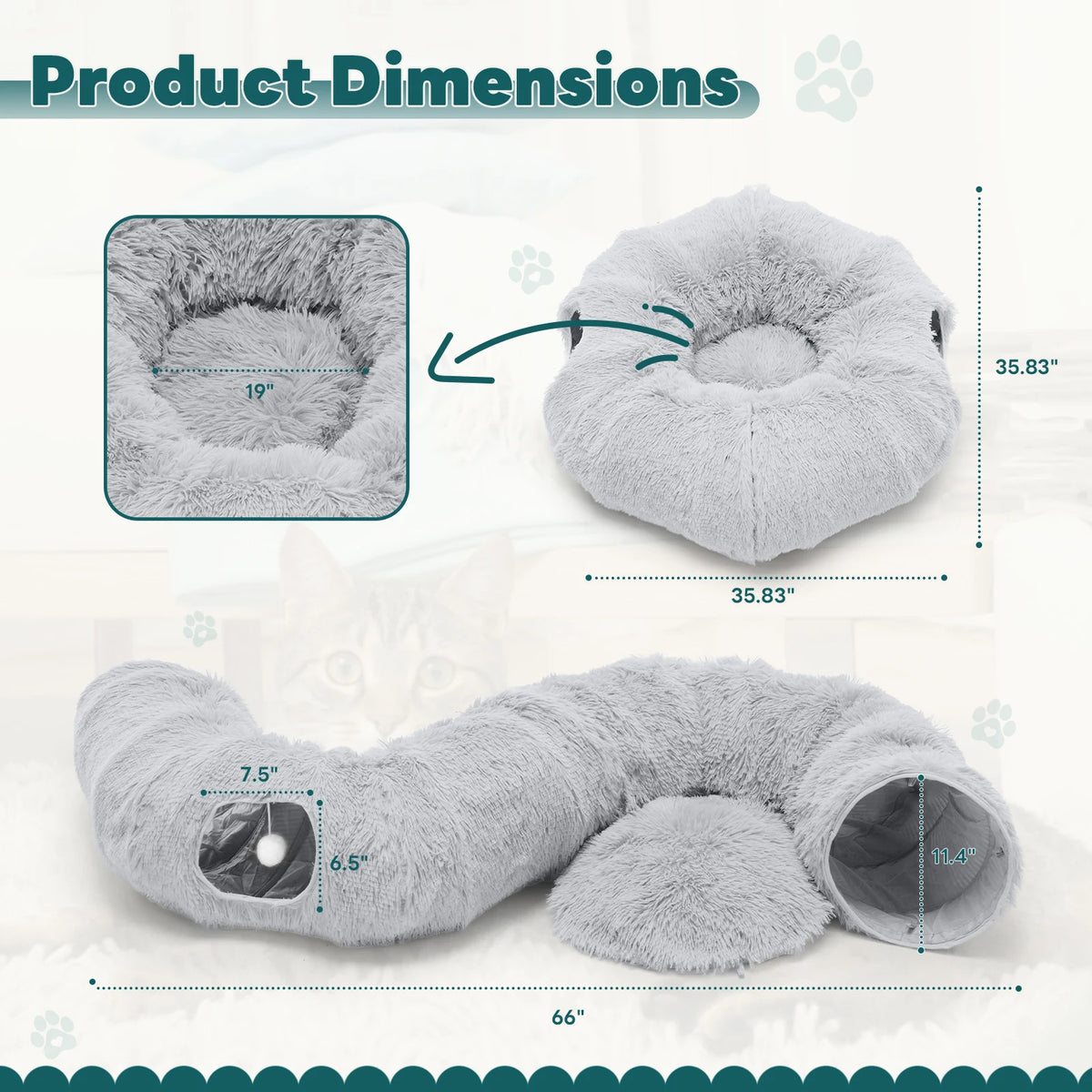JHK Cat Tunnel Bed With Soft Plush Washable Indoor Playground