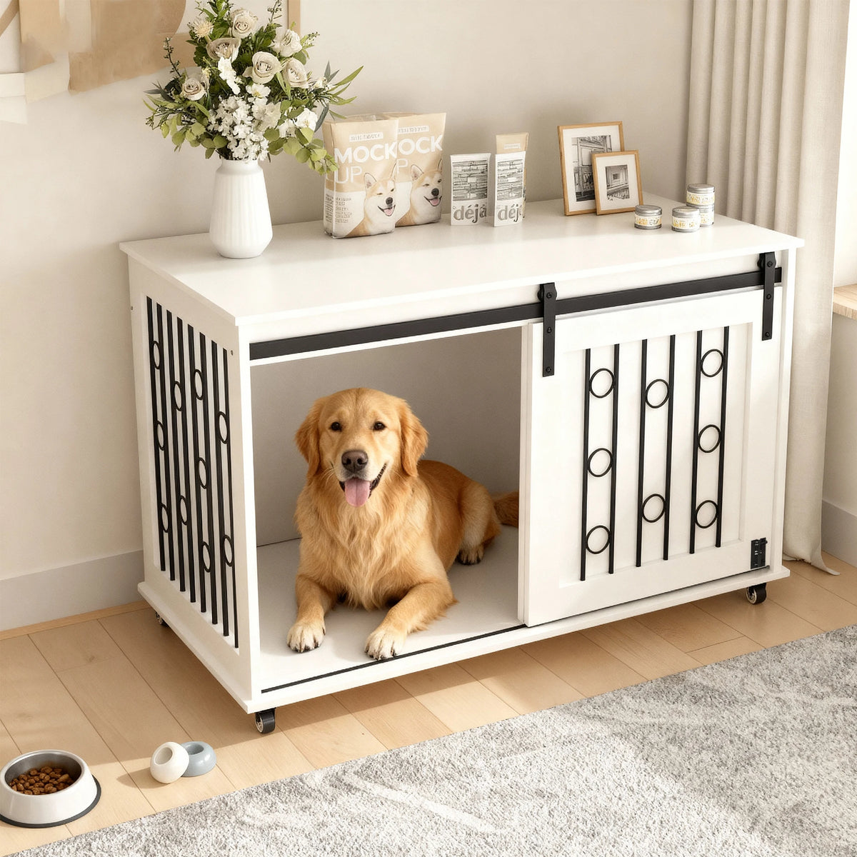 Modern Wooden Dog Crate Furniture End Table With Sliding Door