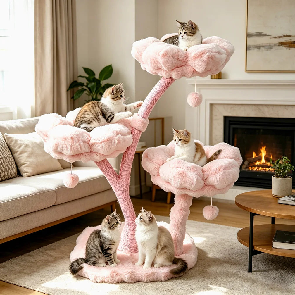Borwart 4 Tier Pink Flower Cat Tree Tower With Toy