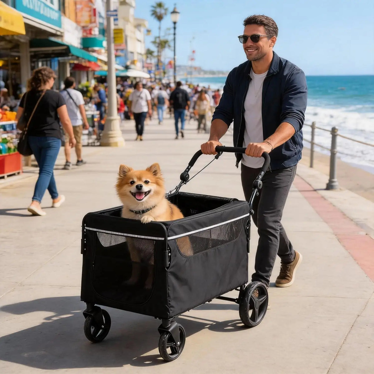 Pet Stroller Wagon for Dogs, 4-Wheel Foldable Pet Travel Carrier with Adjustable Handle, Breathable Mesh Windows, Safety Tether, Storage Pocket, Portable Dog Cart for Small Medium Dogs and Cats