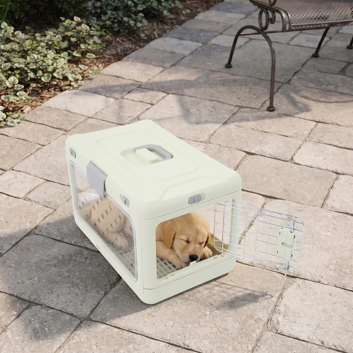 Light Green Foldable Pet Carrier, Hard PP Iron Portable Pet Cage with Breathable Holes & Clear View,  50*32*31cm/19.69*12.6*12.2in Unfolded, Internal Load 20kg/44.09lbs, for Cats Small Dogs Travel