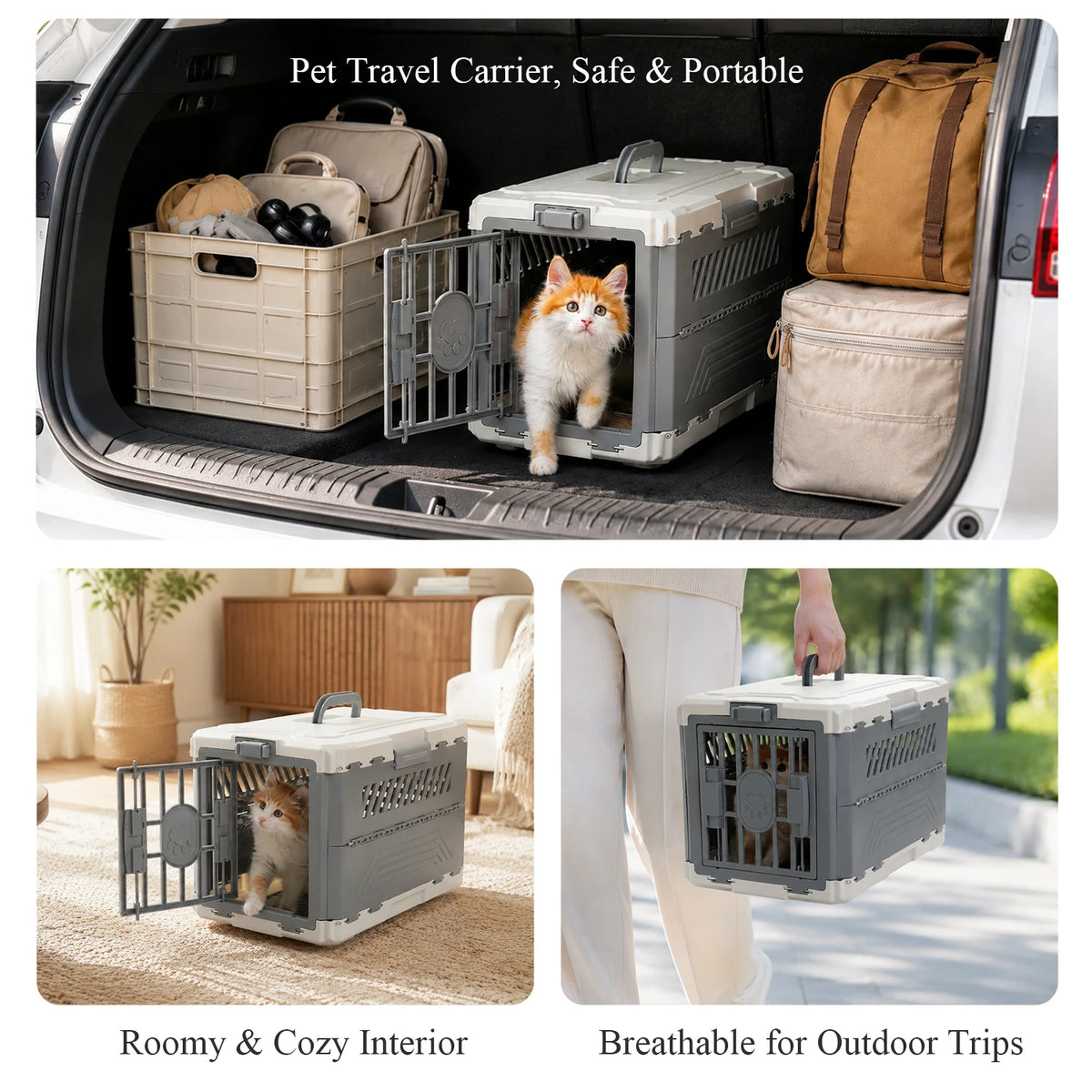 Foldable Pet Carrier, Collapsible Cat Dog Travel Crate with Secure Lock Door, Anti-Slip Mat, Portable Small Animal Kennel for Travel