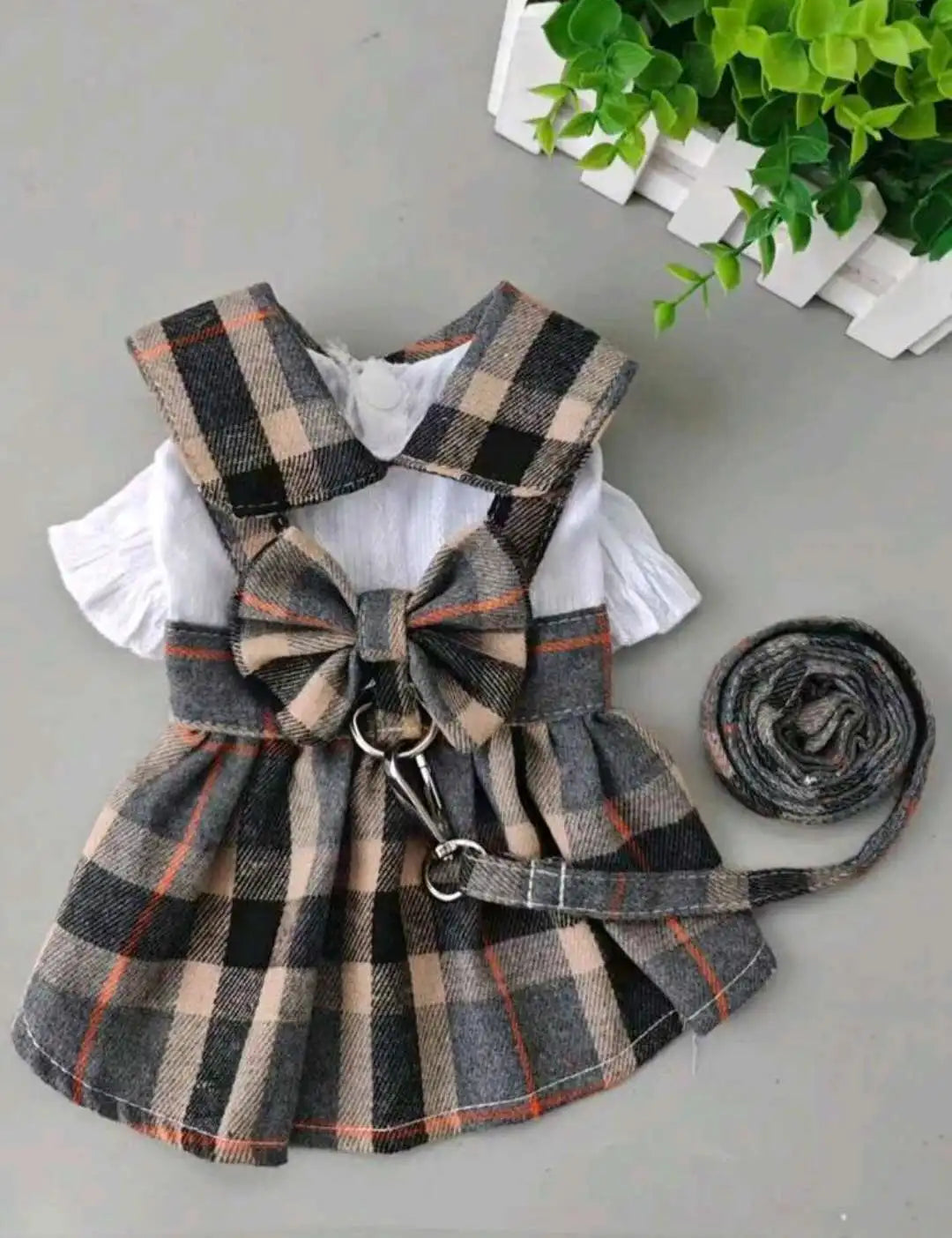 Cute Plaid Pet Dress With Bowknot And Adjustable Leash
