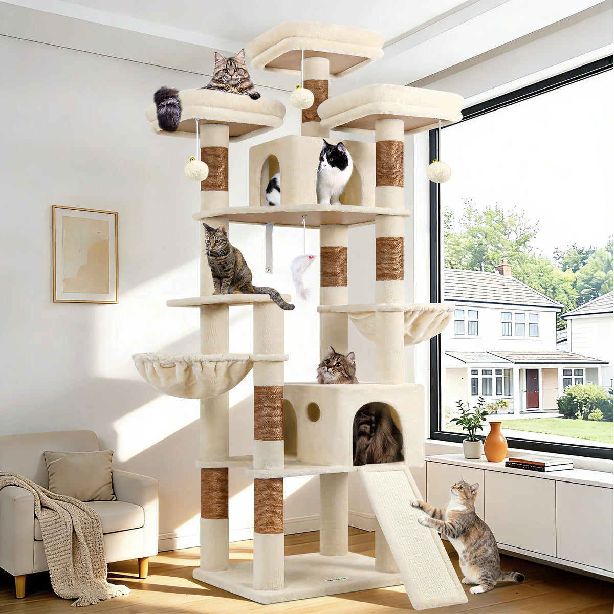 Globlazer 83" Big Cat Tree Tower for 4+ Multiple Large Cats Multi-Level Cat Climbing Activity Center with Sisal Scratching Posts 2 Condos 2 Hammocks 3 Perches Hanging Toys
