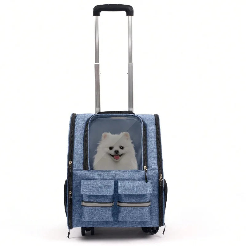 2-In-1 Trolley Pet Cat Bag | Cat Carrier With Wheels, Airline Approved Pet Carrier With Telescopic Handle, Polyester Rolling Dog Cat Carrier With Zipper Closure, Detachable Soft-Sided Travel Carrier With Shoulder Strap And Sa