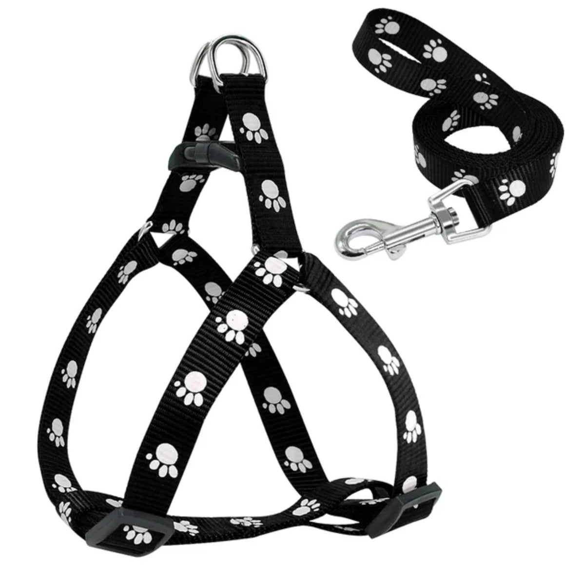 Nylon Paw Print Dog Harness And Leash Set Adjustable