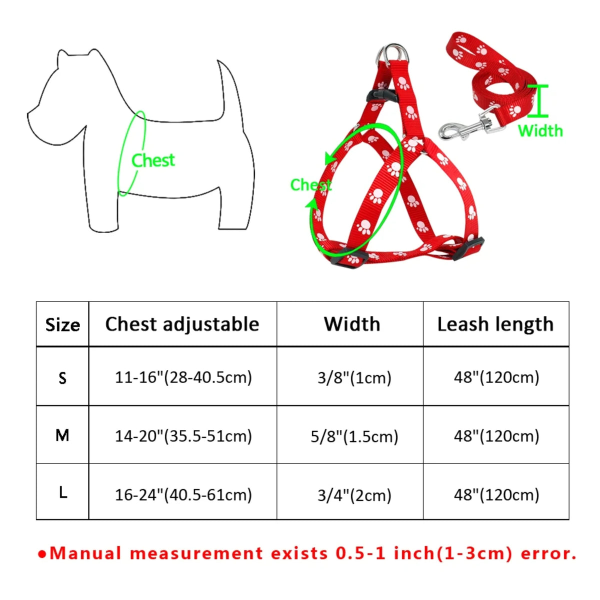 Nylon Paw Print Dog Harness And Leash Set Adjustable