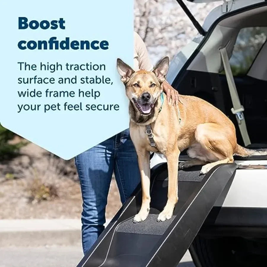 Car SUV side door dog stairs, foldable back seat steps with 3 adjustable heights, textured non-slip surface, gray/black, suppor