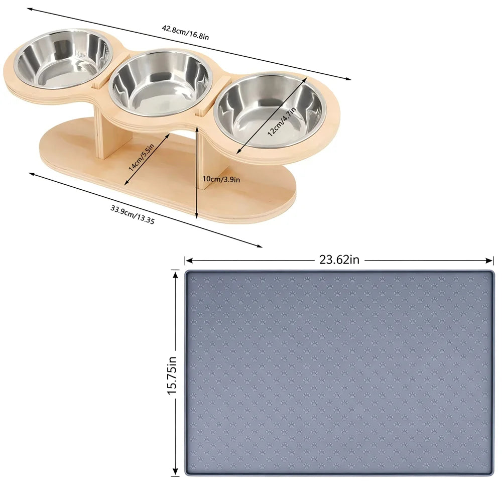 Raised Cat Feeder With Three Stainless Bowls And Tilted Stand