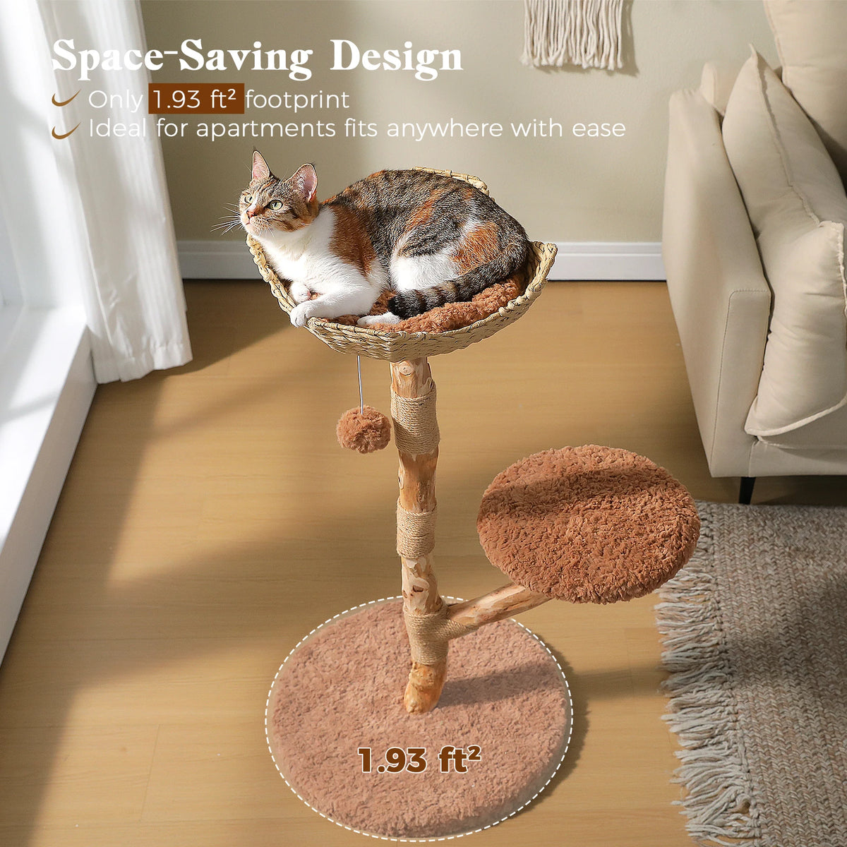 Wood Cat Tree with Wicker Basket Bed Sisal Scratching Posts Modern Cat Tower with Real Wood Branches Hanging Balls Luxury Boho Cat Furniture for Indoor Cat Toys