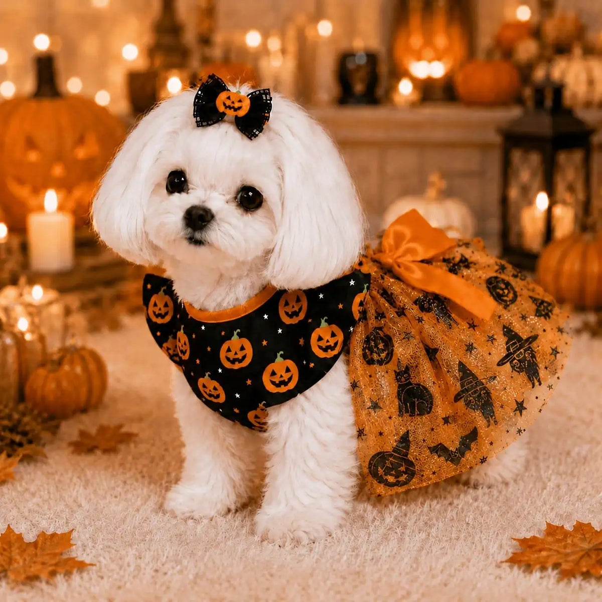 Halloween Pumpkin Print Dog Dress With Bow - Comfortable And Breathable Everyday Wear Pet Apparel For All Seasons